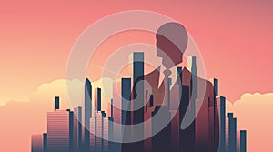 Urban skyline cityscape with businessman standing over. Double exposure vector illustration landscape background