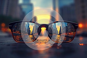 Urban skyline reflected in close up sunglasses, embodying modern elegance