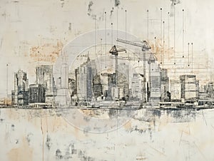 Urban Skyline Sketch with Construction Cranes