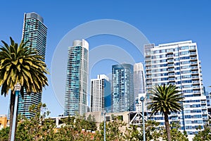 Urban skyline with tall residential and office buildings in SOMA district, San Francisco