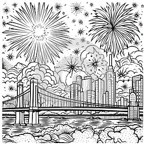 Urban skyscrapers oor fireworks shooting in the sky. Black and White coloring sheet. New Year\'s fun and festivities