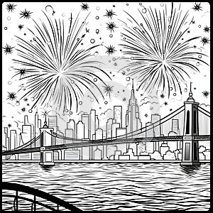 Urban skyscrapers oor fireworks shooting in the sky. Black and White coloring sheet. New Year\'s fun and festivities