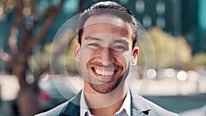 Urban, smile and portrait of businessman in city, outdoor and professional employee. Face, laugh and corporate worker