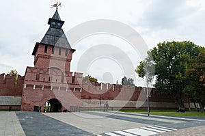 Urban space-a tower with a gate-arch and part of the wall of the Tula Kremlin.