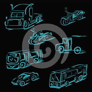 Urban space. Urbanism. Vehicles, motorcycles, truck, car, bus, tram. Vector isolated