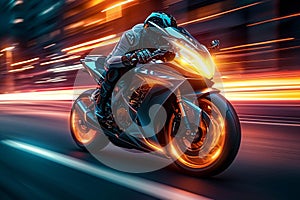 Urban speed Motorcycle on the road with dynamic light trails