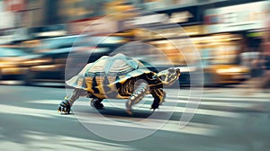 Urban Speed: Turtle Racing in the City Rush. Generative ai