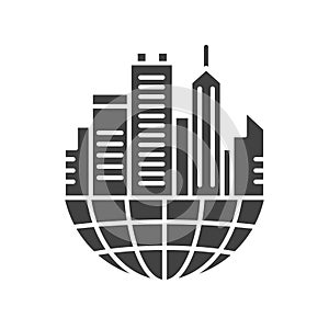 Urban sprawl black glyph icon. Urbanization. Expansion of megalopolises. Environmental problems. Sign for web page, app. UI UX GUI