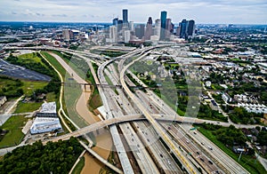 Urban Sprawl Bridge and Overpasses High Aerial Drone view over Houston Texas Urban Highway view photo