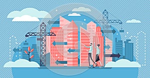 Urban Sprawl vector illustration. Tiny building construction person concept