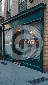 An urban storefront with a green frame displays a 