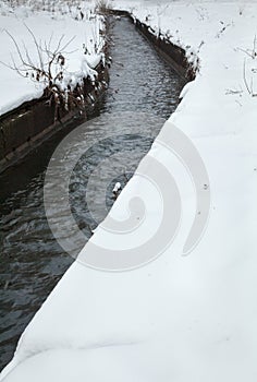 Urban stream in winter. The Lybid river