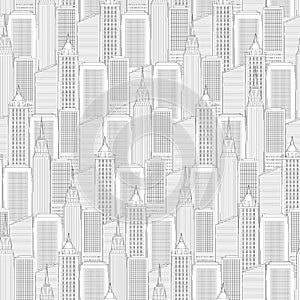 Urban street and building in city seamless pattern. Shops and high-rise houses line art style vector black white