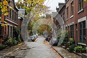 Urban street with cars parked along the sidewalk, lined with trees and old brick buildings, A quiet street with old brick