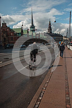 On urban street with Christiansborg Palace
