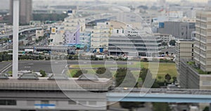 A urban street of cityscape in Ariake Tokyo daytime cloudy tiltshift high angle