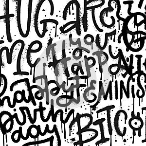 Urban street graffiti slogans on the wall with lettering quotes and splash effect. Vector rough textured hand drawn