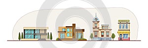 Urban street horizontal panorama. City life with house facades, road tree. Panoramic view of modern exterior buildings, cottages,