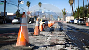 Urban Street Scene with Orange Traffic Cones Lining a Road under Construction. Blurry Background Capturing City Vibe