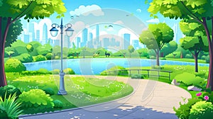 An urban summer scene of public garden on waterfront. Modern city landscape with river, city park with small lake and