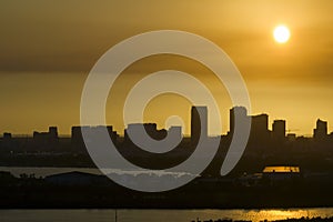 Urban sunset landscape of downtown district of Tampa city in Florida, USA. Dramatic skyline with high skyscraper