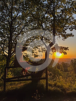 Urban sunset solace: woman on fence, embracing cityscape view