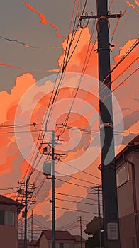 Urban sunset with utility poles and wires dominating the foreground, the sky painted in shades of orange and red, hinting at a
