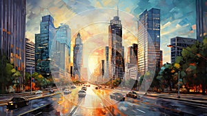 Urban Symphony: Mesmerizing Painting of Downtown Los Angeles Skyline