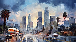 Urban Symphony: Vibrant Downtown Los Angeles Skyline Painting