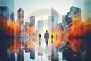 Urban Synergy: Business Buildings and People Double Exposure Artistic Background. Ai generated