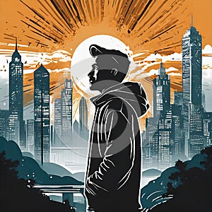 Urban T-shirt graphic. Nice for streetwear. Siluet with man in hood. City Silhouette Vectors