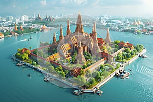 Urban Thai Temple Waterfront Vector - AI Generated