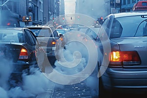 Urban traffic congestion with exhaust fumes pollution. Environmental and transportation concept