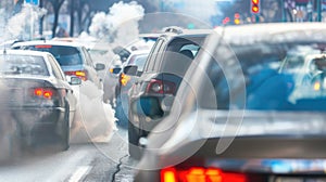 Urban traffic congestion with exhaust fumes pollution. Environmental and transportation concept
