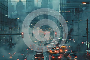 Urban traffic congestion with exhaust fumes pollution. Environmental and transportation concept