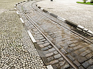 Urban tram track in cobbled street