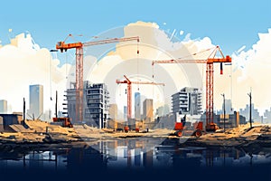 Urban transformation Vector construction site with cranes and building progress