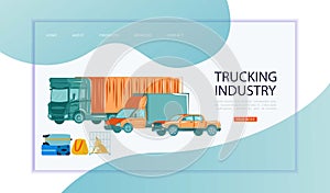 Urban transport in flat style, trucking industry inscription on website, design cartoon vector illustration, isolated on