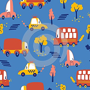 Urban transport seamless pattern. Autumn trees, Various cars, taxi. Hand draw Kids background of city transport on a dark blue