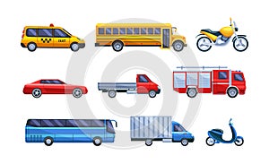 Urban transport set. City cars vehicles. Taxi, public school bus, intercity travel, cargo shipping