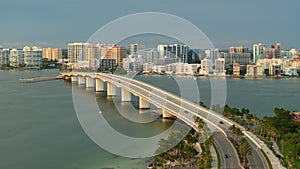 Urban travel destination in the USA. Sarasota city downtown with Ringling Bridge and expensive waterfront high-rise