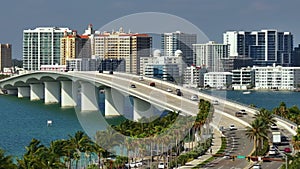 Urban travel destination in the USA. Sarasota city downtown with Ringling Bridge and expensive waterfront high-rise