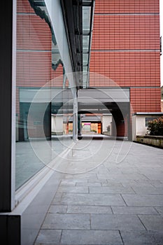 Urban view along covered pathway