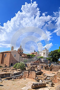 Urban view of Rome, Italy:  the Roman Forum and in the background the Altar of the Fatherland.