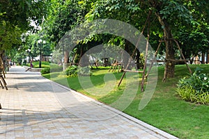 Urban walking road among green tree in modern apartment buildings in big city