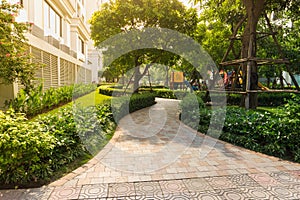 Urban walking road among green tree in modern apartment buildings in big city