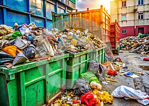 Urban Waste Management Challenges Overflowing Dumpsters and the Impact of Construction Debris on City Landscapes photo