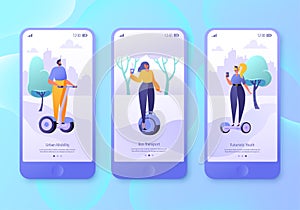 Urban weekend mobile app page, screen set. Flat design characters of men and women with hover boards.