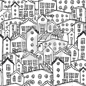 Urban winter landscape seamless pattern. Sketch. black and white hand-drawn background for wallpaper, pattern fills, web page back