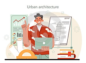 Urbanist concept. Architect studying and developing urban structure